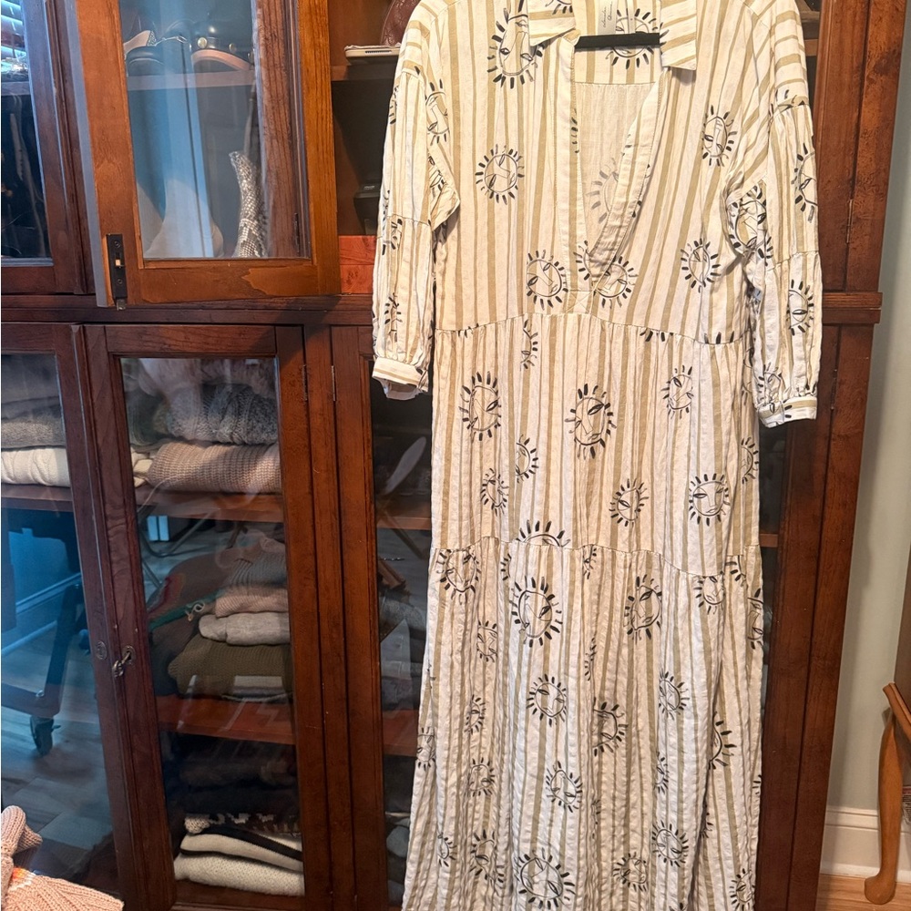 Anthropologie Cream Maxi Dress with Sunburst Motif